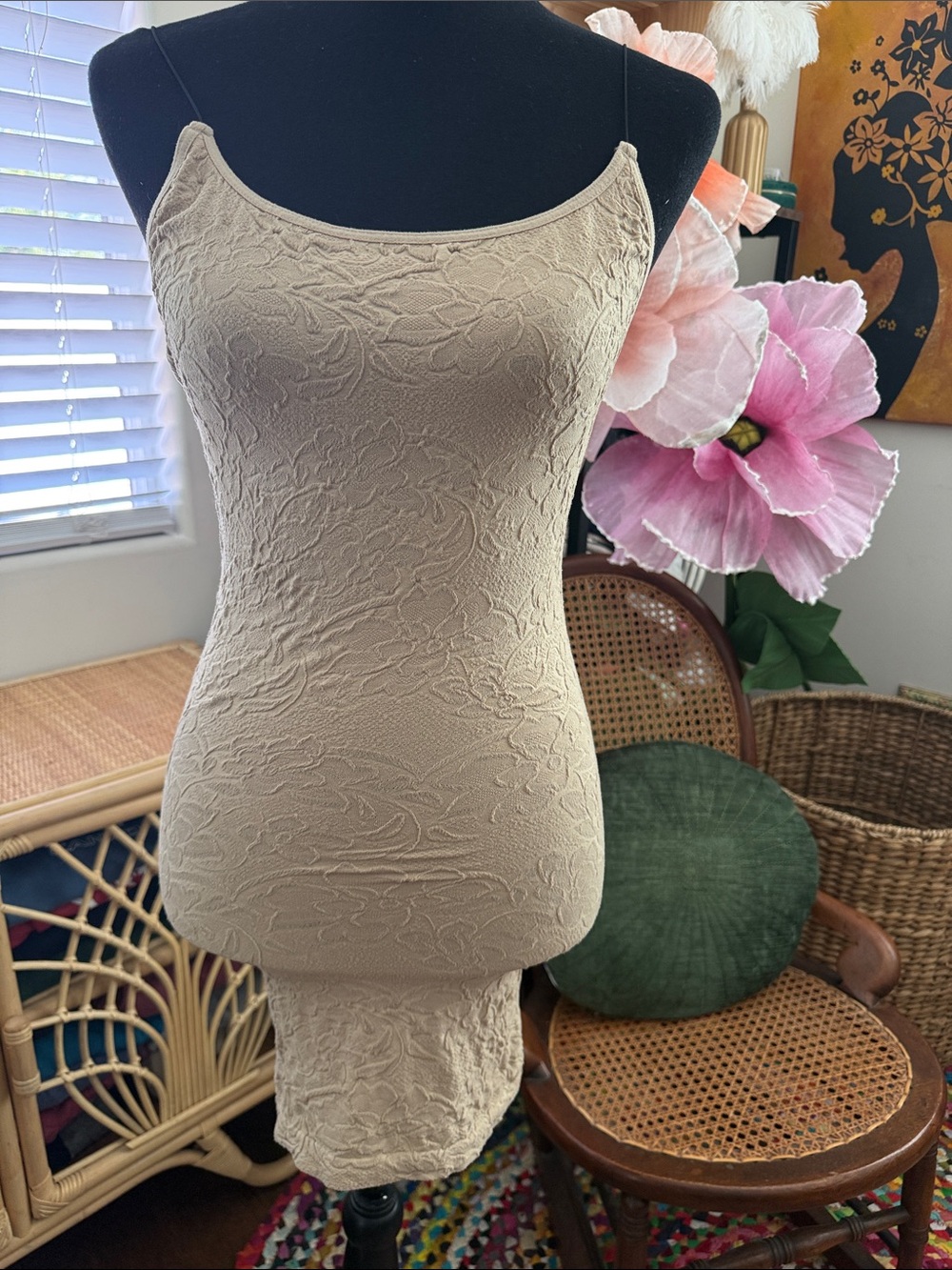Free People Intimately Beige Textured Bodycon Open Back Mini Dress